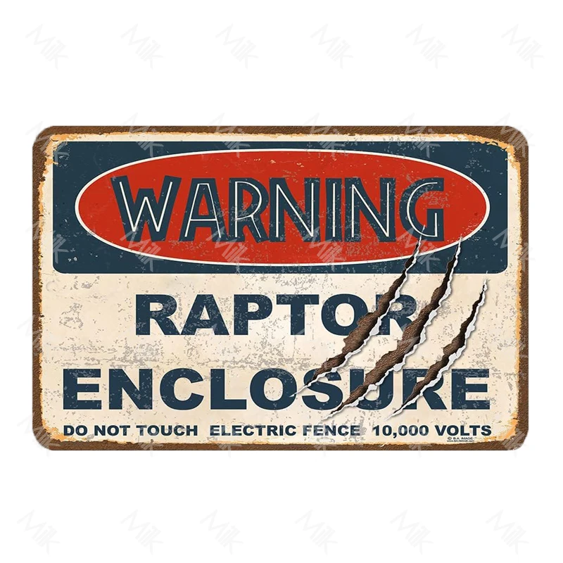 Dinosaur Tin Sign Warning Raptor Enclosure Warning Beware Velociraptor Containment Tin Plates Signs wall man cave Decoration