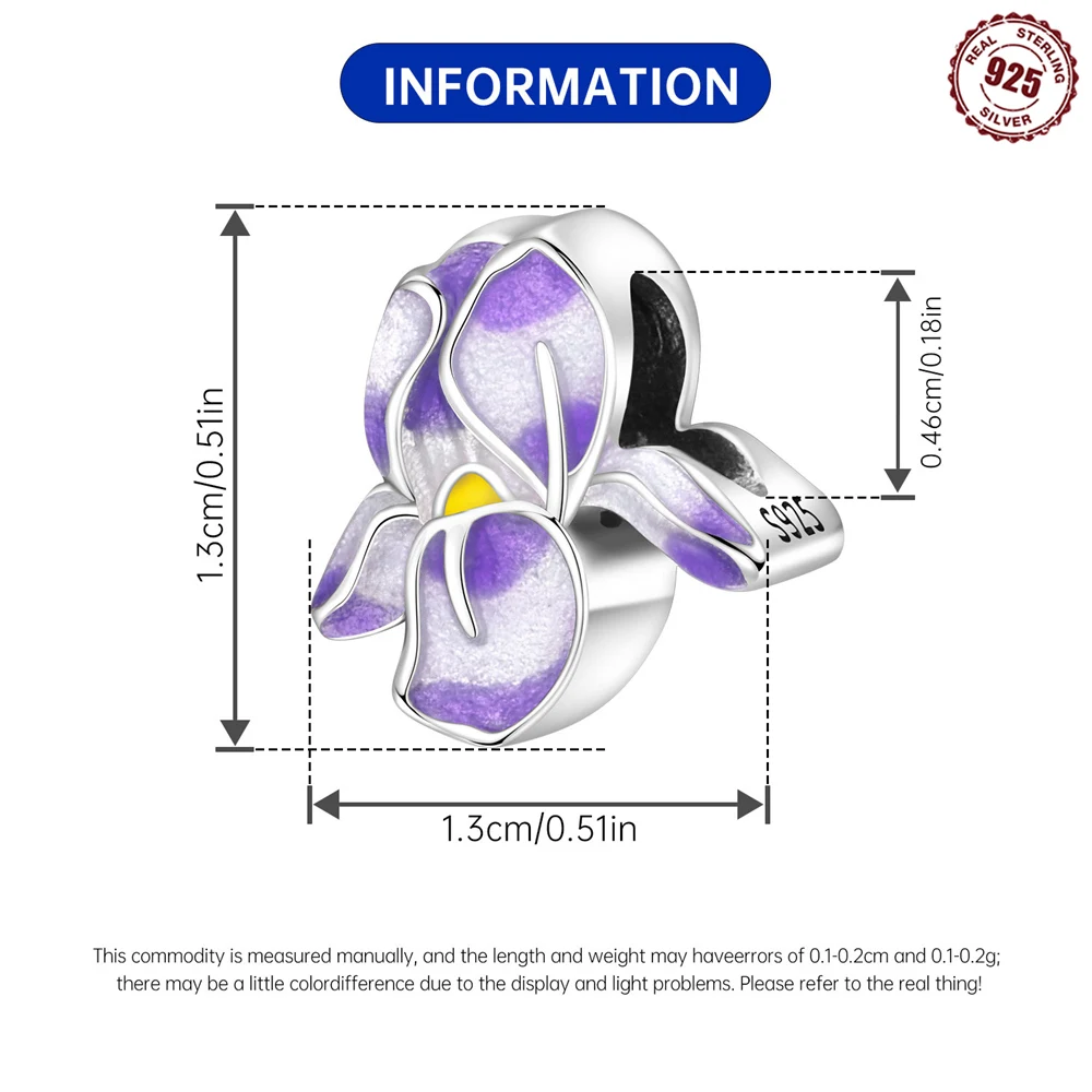 925 Sterling Silver Purple Gradient Enamel Iris Flower Charm Bead Symbol of Hope Faith Elegance Fit Bracelet DIY Jewelry Gift