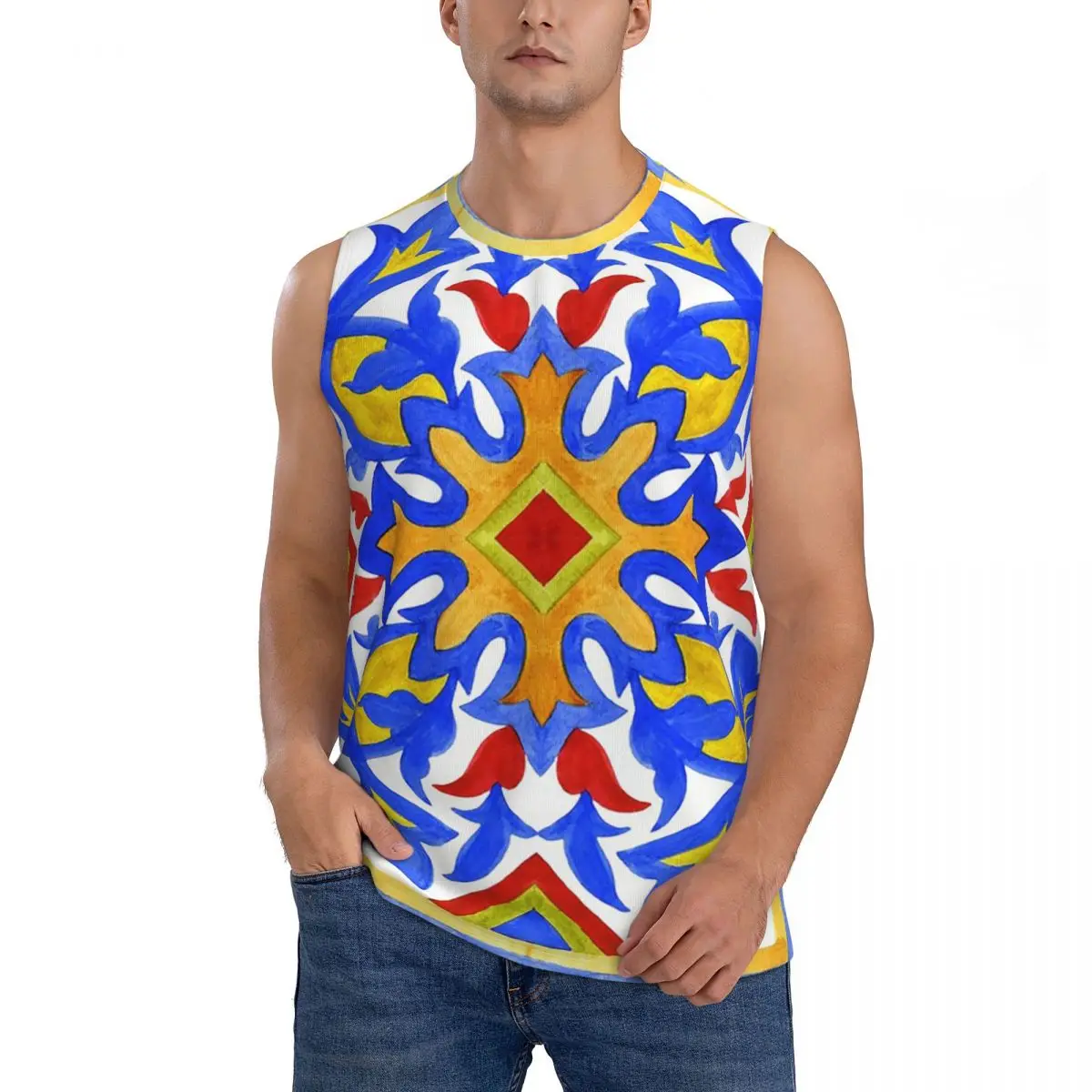 Portuguese Azulejo Tiles Men Sleeveless Tank Tops Quick Dry Breathable Gym Fitness Running Summer Casual Sport Vest