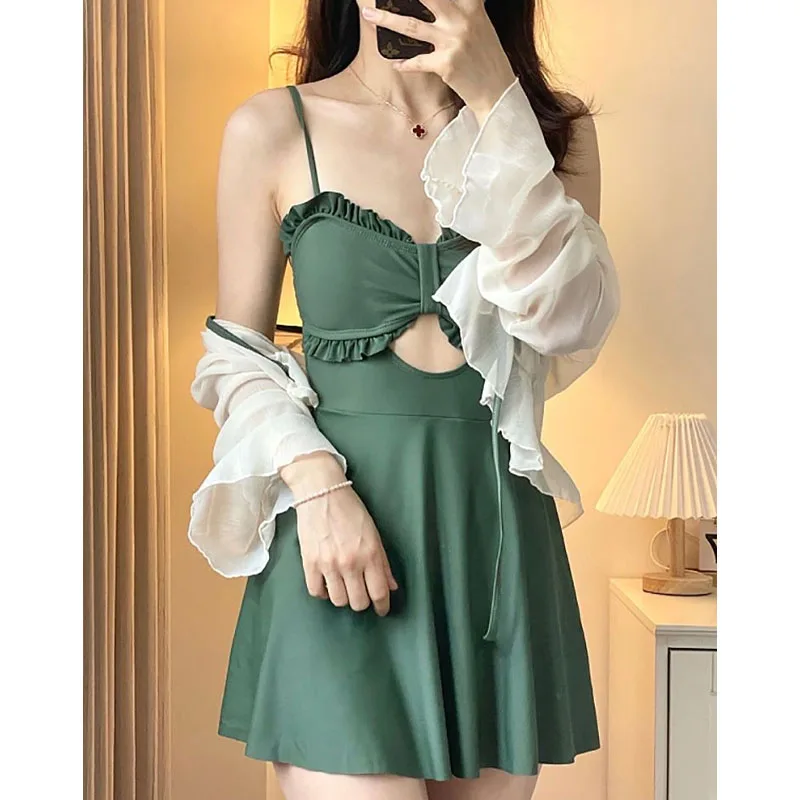 

Korean Sexy Hollow Out Solid Color Monokini 2023 Summer Slim One-Piece Suits Fashion Poncho Casual Spliced Swimwears for Female