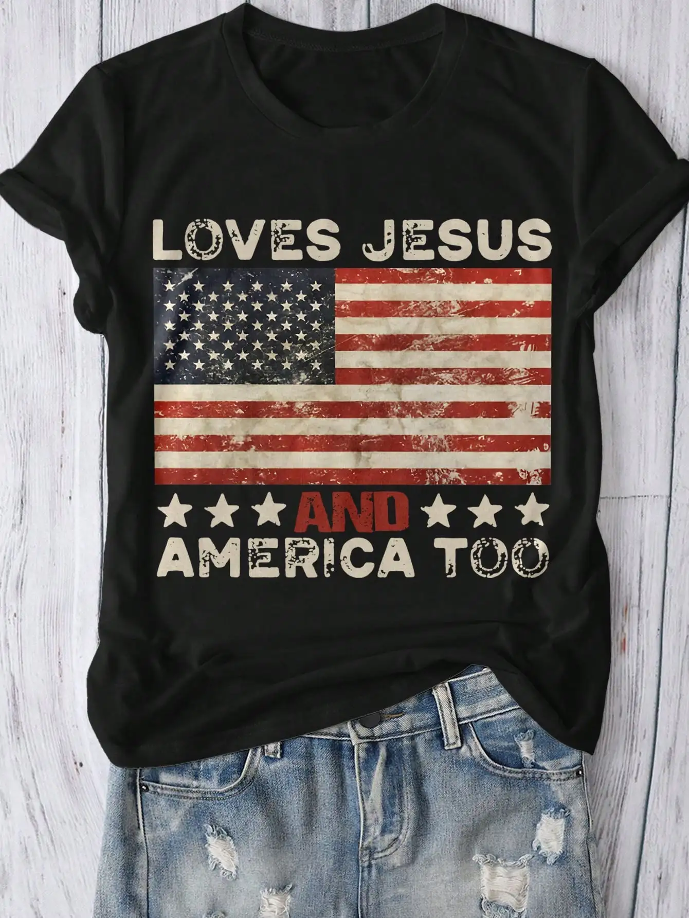Women's Round Neck Flag & English Print Casual T-Shirt, Suitable For Daily Outing, Summer, Fourth Of July