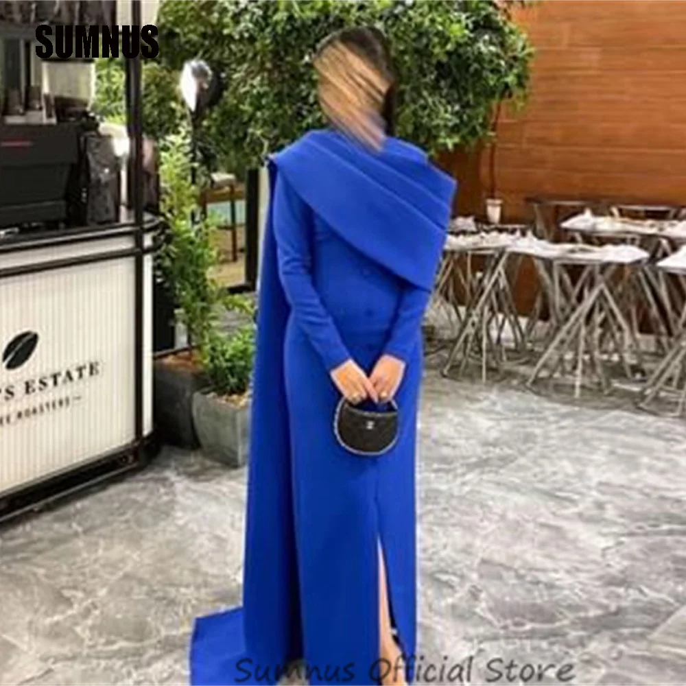 

SUMNUS Blue High Neck Evening Dresses Mermaid Pleats Long Sleeves Muslim Formal Prom Gowns vestido de noche Arabic Party Dress