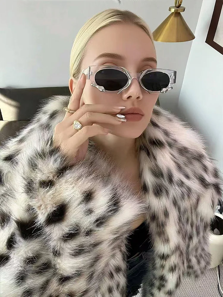 HH femmes mode col rabattu fausse fourrure veste hiver femme col haut boucle cachée poche imprimé léopard à manches longues manteau