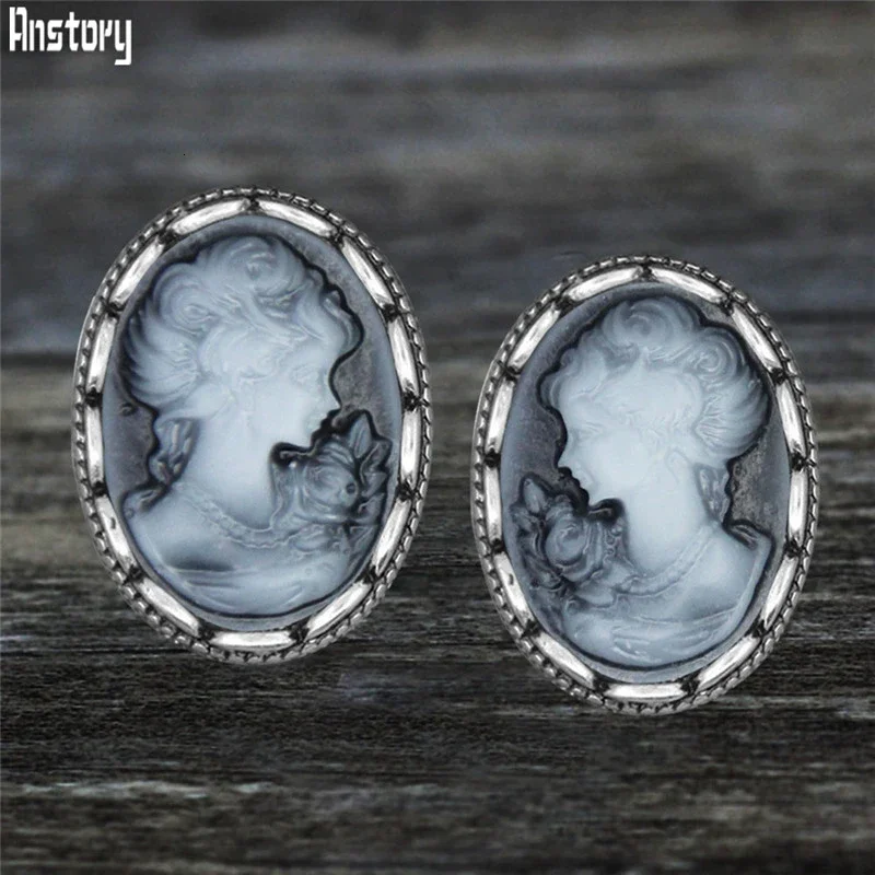 6 Colors Lady Queen Cameo Stud Earrings For Women Push Back Stainless Steel Stud Antique Silver Plated Fashion Jewelry TE524