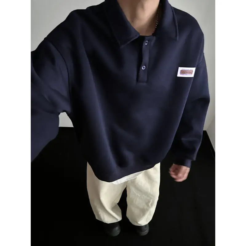 Autumn Men's Casual Solid Color Polo Neck Sweatshirt American Style Couple Loose Long Sleeve Turn down Collar Top Hoodies