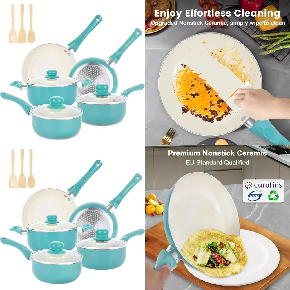 

11-Piece Nonstick Cookware Set with Induction Compatibility, Ceramic Coating, Cool-Handle Design, and Bamboo Utensils in Turquoi