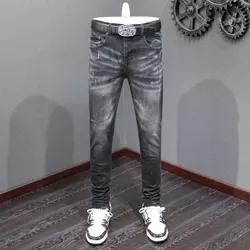 Street Fashion Men Jeans Retro Black Gray Stretch Skinny Fit Ripped Jeans Men Brand Designer Hip Hop Denim Pencil Pants Hombre