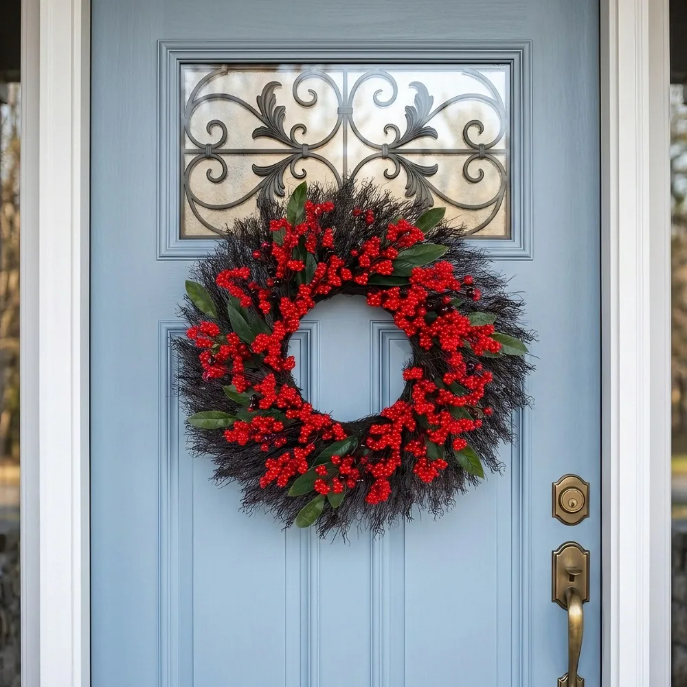American-style Artificial Berry Holly Christmas Wreath Simulated 45 CM Xmas Red Berry Garland DIY Hanging Wreath Decoration Door