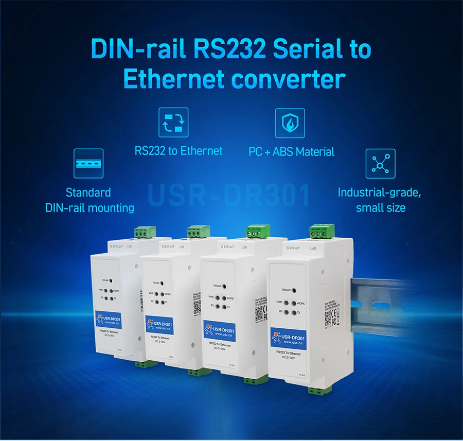 USR-DR301 DIN-Rail Modbus RS232 Serial port TO Ethernet Converter bidirectional transparent transmission between RS232 and RJ45