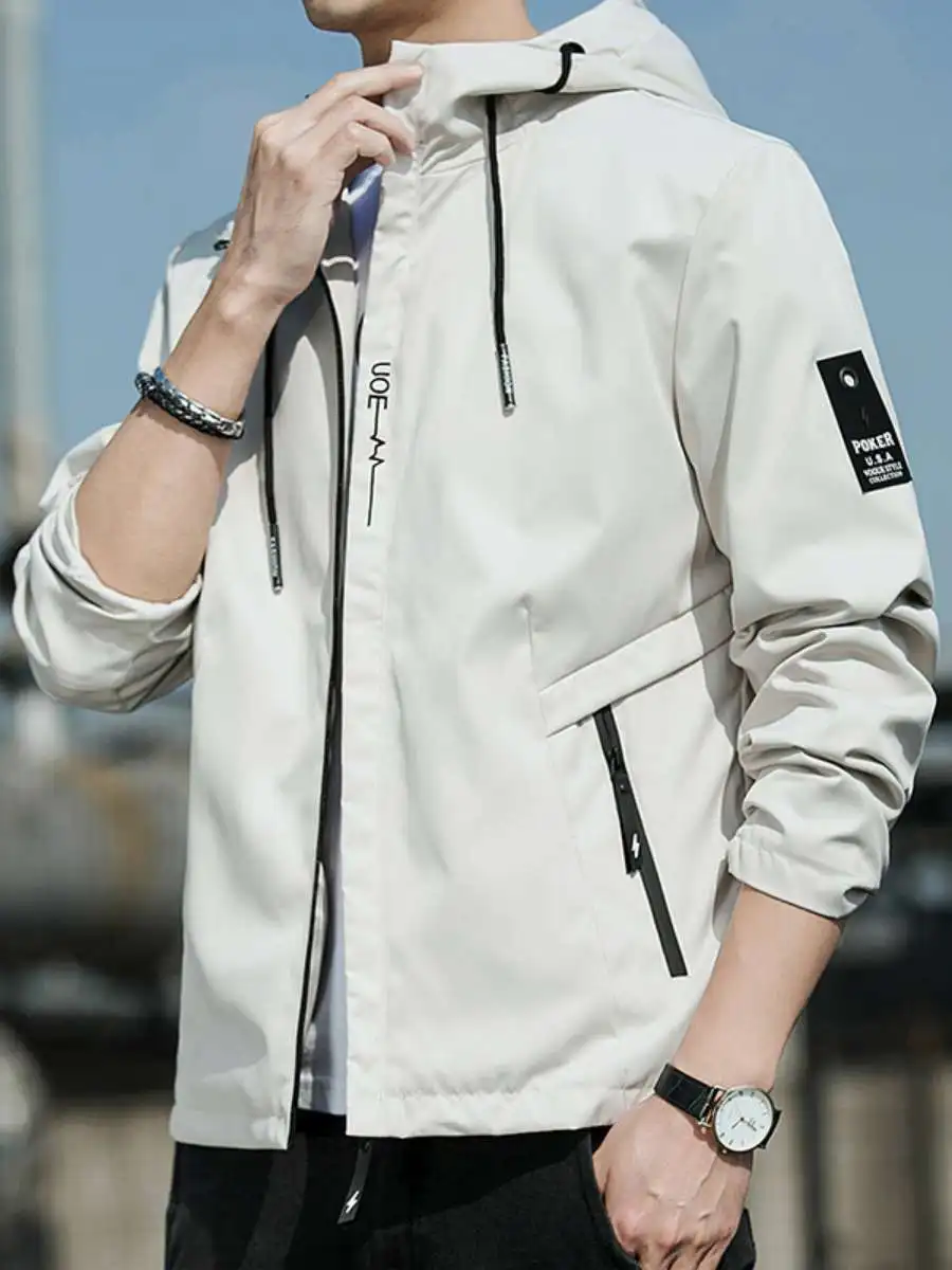 

Осенняя мужская куртка для подростков: повседневная рабочая одежда, модный бренд, с капюшоном, на молнии, без глажки, из утолщенного полиуретана