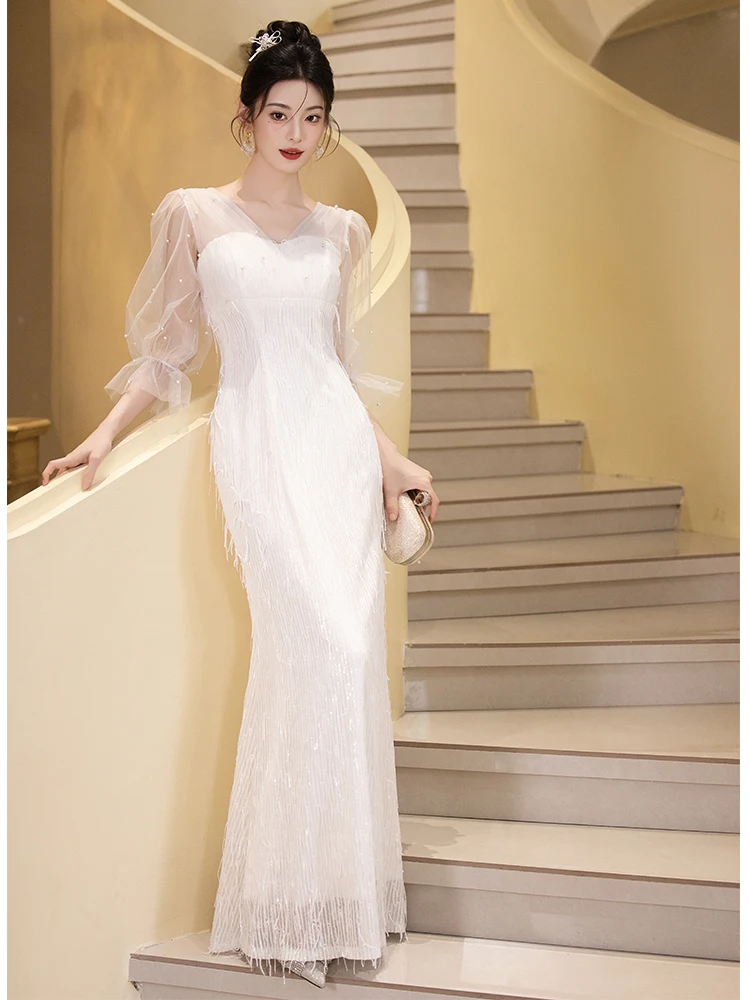 

White Evening Gown Women's 2025 New High-End Feel Par Ele Sequin Luxury ature Host Dr Korean Sle Bubble Sve