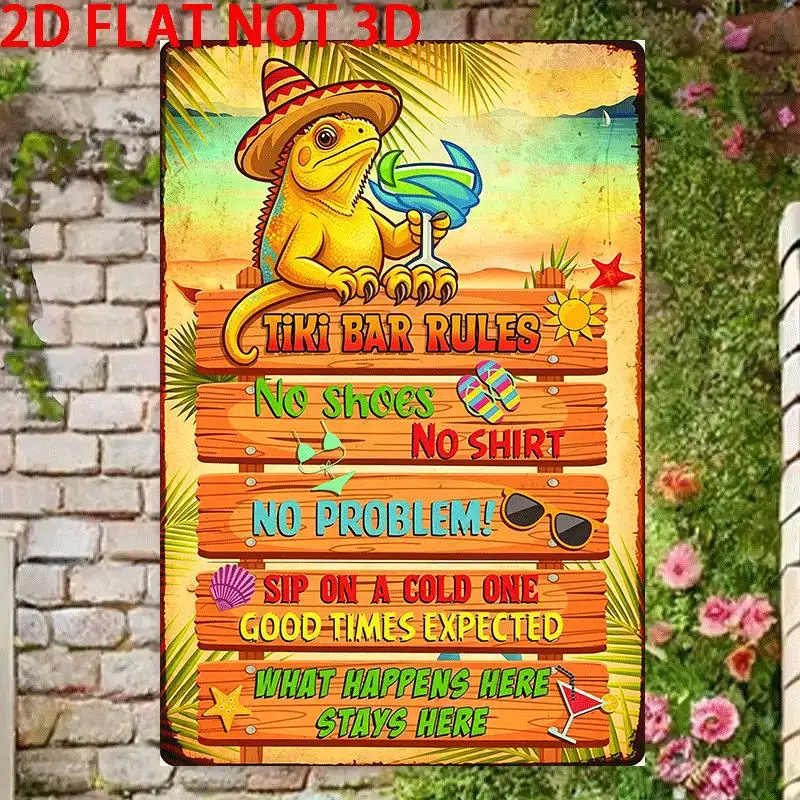 2D Flat,1pc 2D Flat Not 3D Metal Tin Sign, Iguana Tiki Bar Rules Vintage Sign Metal Tin Sign for Man Cave, House, Home Vintage