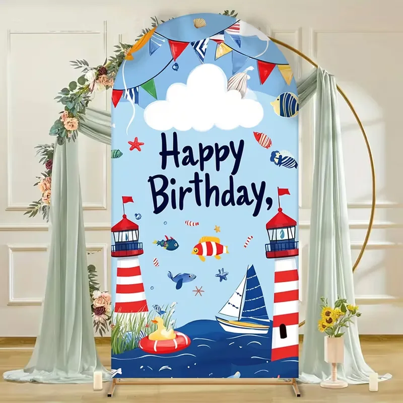Happy Birthday Arch Backdrop Cover Sea Lighthouse Fish Pattern Children Party Background Custom Name Birthday Festival Props