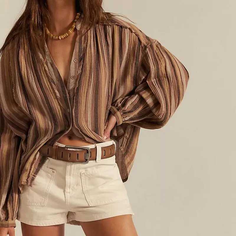 

Combhasaki Women Front Button Down Blouses Vintage Striped Batwing Shirts Y2k Long Sleeve V Neck Loose Fit Linen wing Crop Tops