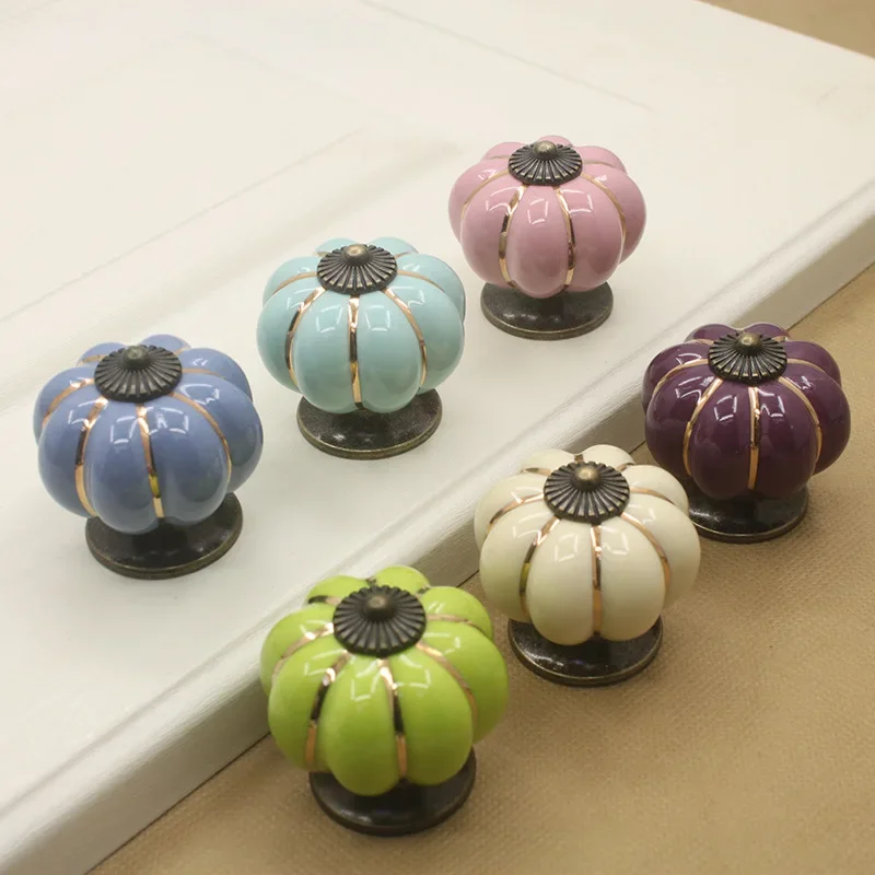 European pumpkin ceramic handle 40mm drawer knobs single hole closet door handles cabinet handles with screws furniture handles