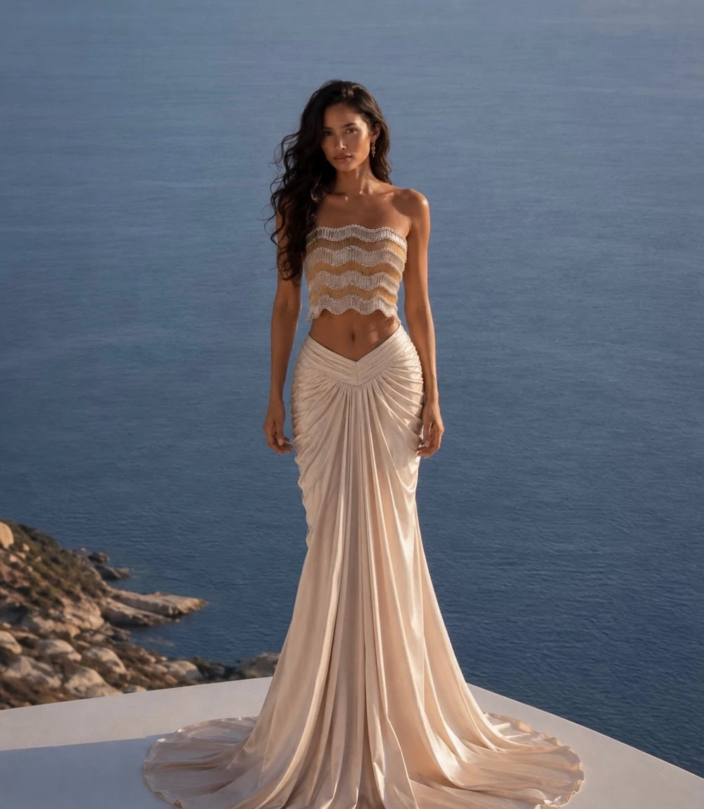 Glitter Champagne Satin Mermaid Pencil Skirt with Draped Train Flowy Floor-Length Maxi Skirt Elegant Office Wedding Party Skirt