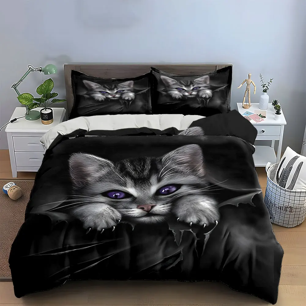 Cat-Themed Decorative Sticker Set Bedding Set with 1 Duvet Cover 2 Pillowcases Single Double King Queen, Gift