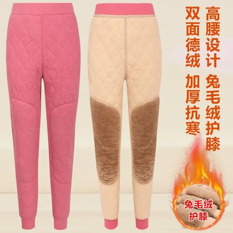 Women Thicken Warm Bottoms Pants Skin-friendly High Waist Elasticity Leggings Knee Fleece-Lined Layer Soft Trousers Thermo Pants