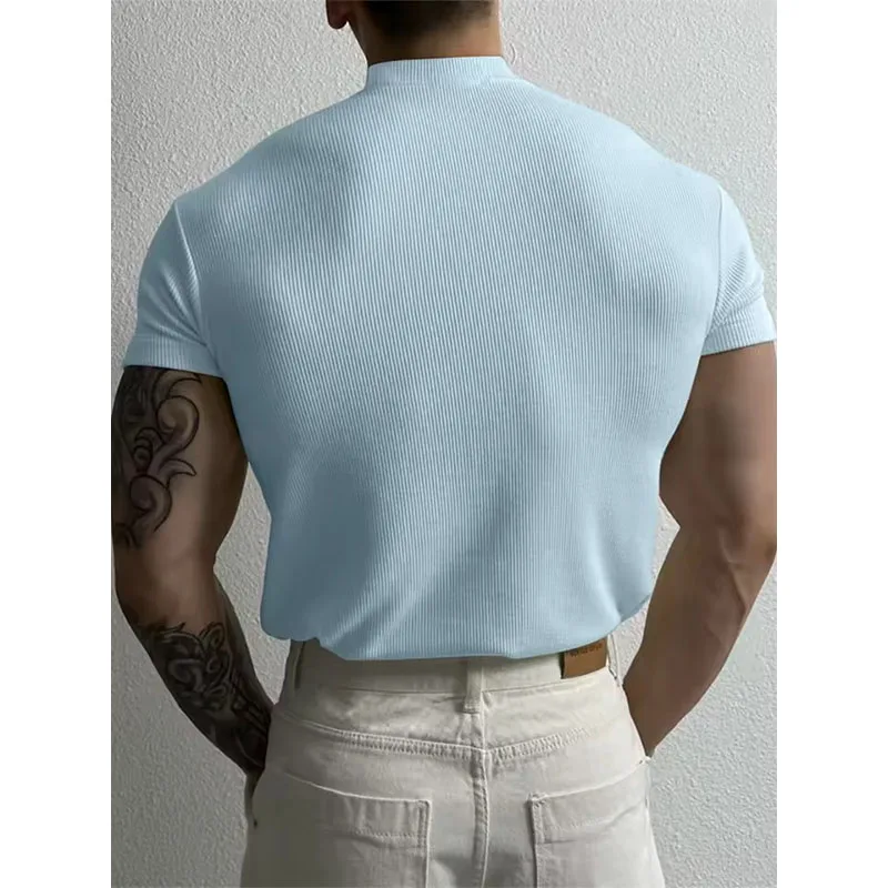 الربيع الصيف أزياء الرجال تي شيرت صغير عالية الياقة شريطية قميص قصير الأكمام اللياقة البدنية أعلى الترفيه الرياضة تي شيرت الرجال الرياضية #2
