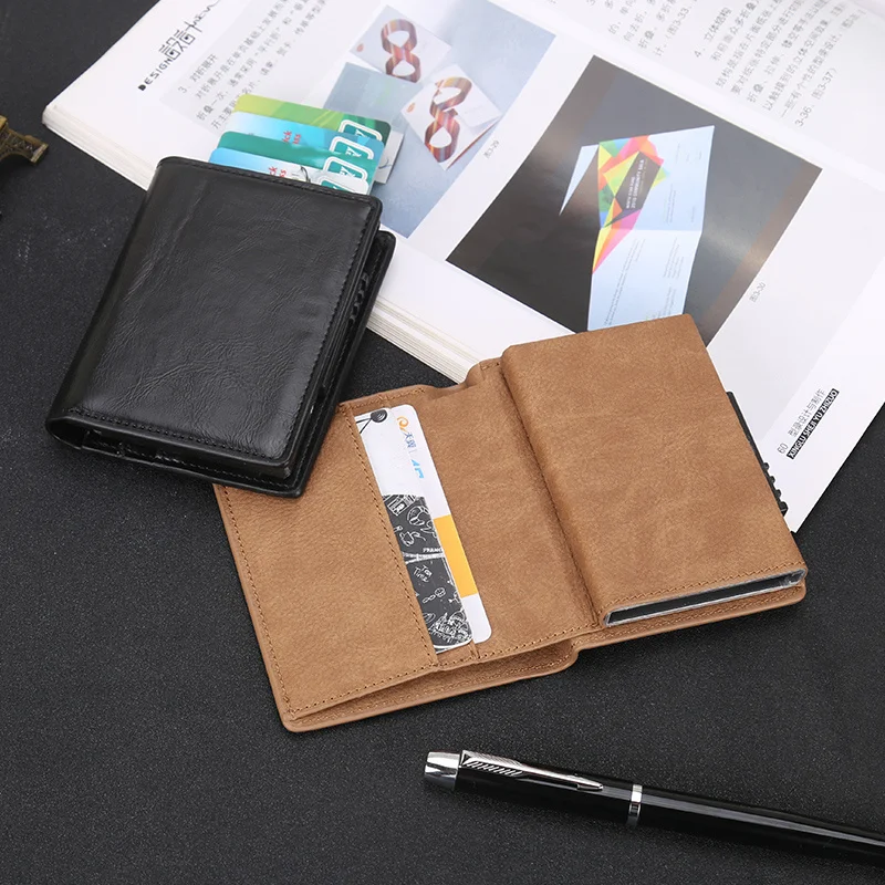 

Mini Slim Wallet Men with Sild Aluminum Case Pu Leather Carteira Masculina Fold Smart Men's Wallet Purse Money Bag Luxury Newest