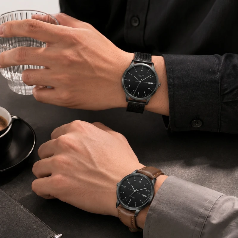 

2Pcs YAZOLE Men Quartz Watch Set Fashion Metal Case Mesh Strap & Leather Band Minimalist Business Analog Wristwatch for Man Gift