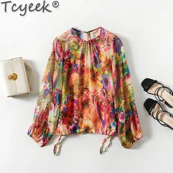 Tcyeek Real Mulberry Silk Top Female Spring Summer Elegant Blouses for Women 2024 Long Sleeve Pullover Print Fashion Blouse