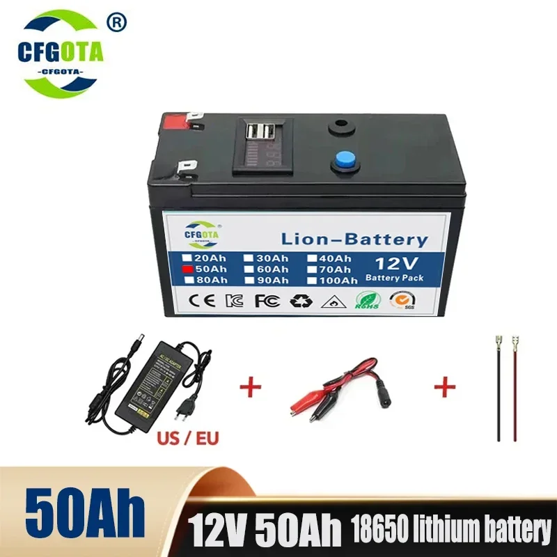 12V Battery 100Ah 18650 Lithium Battery Pack Rechargeable Battery for Solar Energy Electric Vehicle Battery+12.6v3A Charger