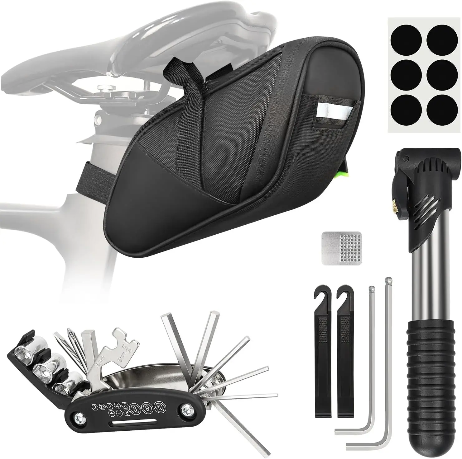 

Комплект для ремонта велосипеда Сумка для ремонта велосипеда с насосом для шин Набор инструментов для велосипеда для кемпинга Путешествия 16-в-1 Многофункциональный инструмент для ремонта велосипедных шин Ki
