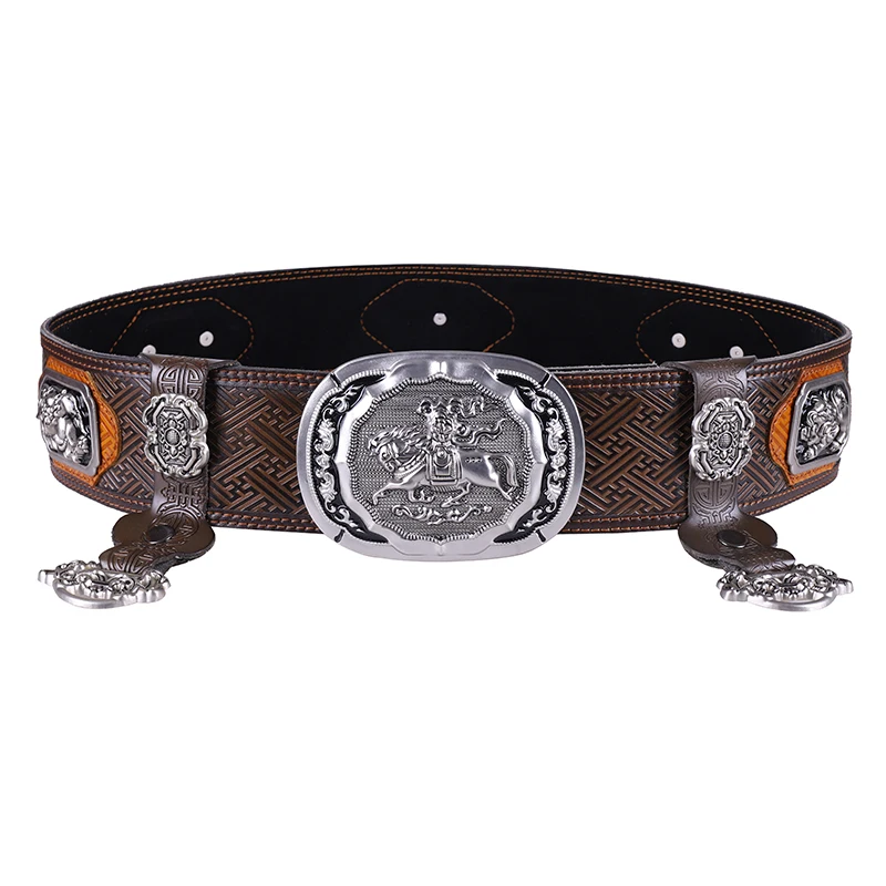 

Mongolian Pure Leather Men's Belts Pegasus Auspicious Badge Waistband Traditional Mongolian Clothing Robe Accessories for Men