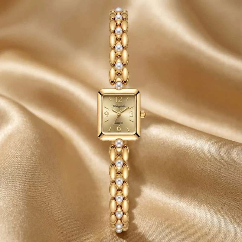 Women Square Quartz Wrist Watch Elegant Pearl Inlaid Metal Bracelet Wristwatch Vintage Ladies Watch Luxury Dress Watch for Woman