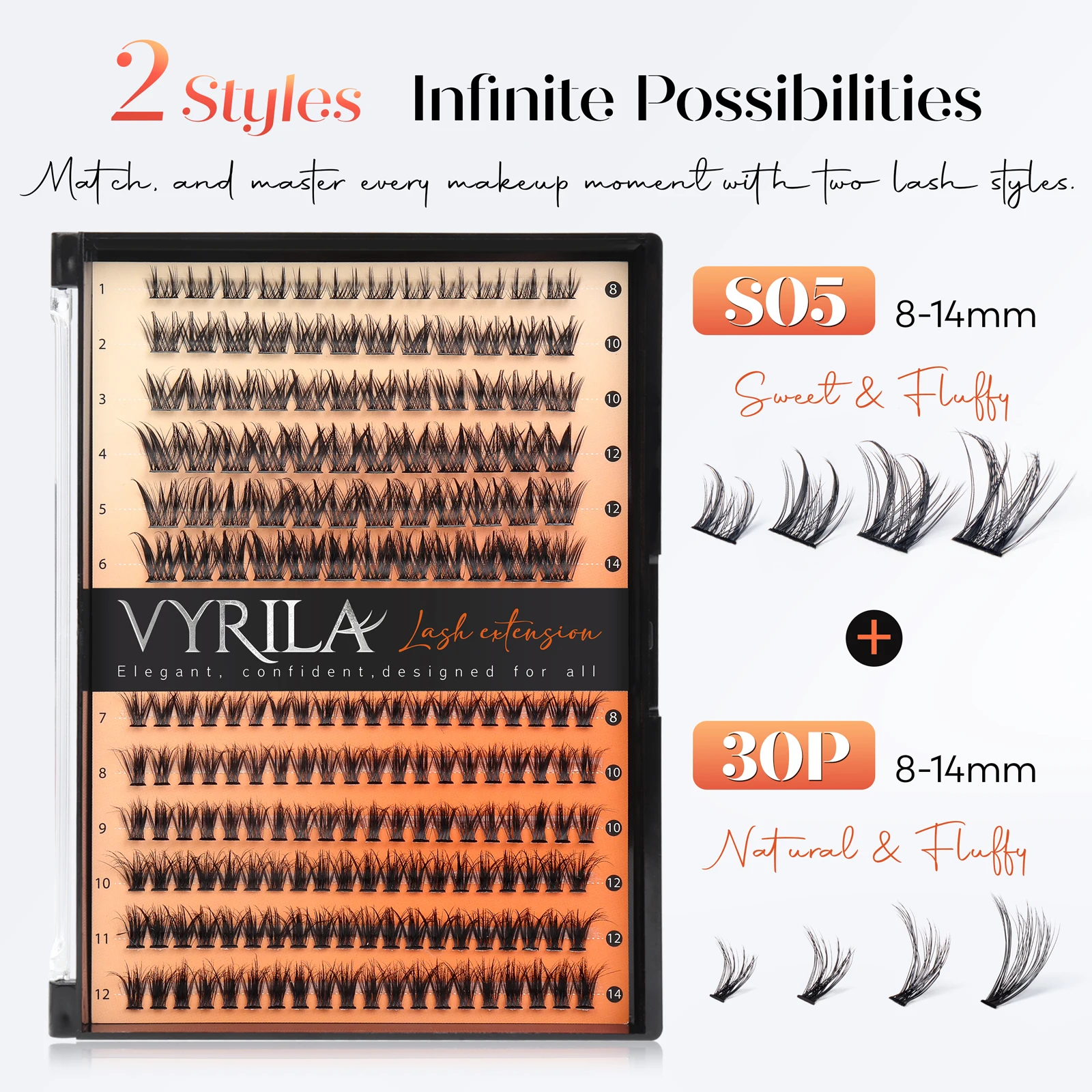 VYRILA-Kit de racimo de pestañas individuales esponjosas, Kit de extensiones de pestañas DIY con unión de pestañas y sello, juego de maquillaje