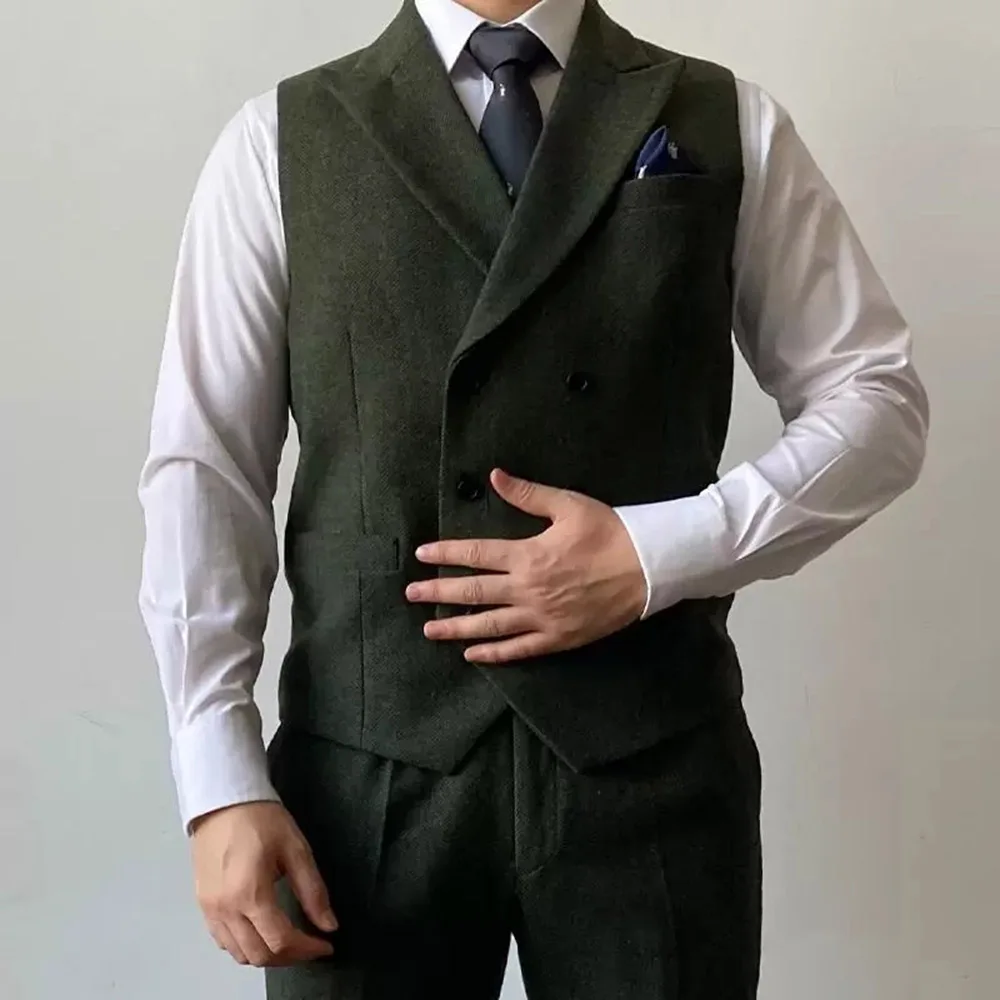 Męskie podwójne piersi z wełny w jodełkę Tweed Slim Fit garnitur Casual kamizelka Gentleman formalne na wesele kamizelka