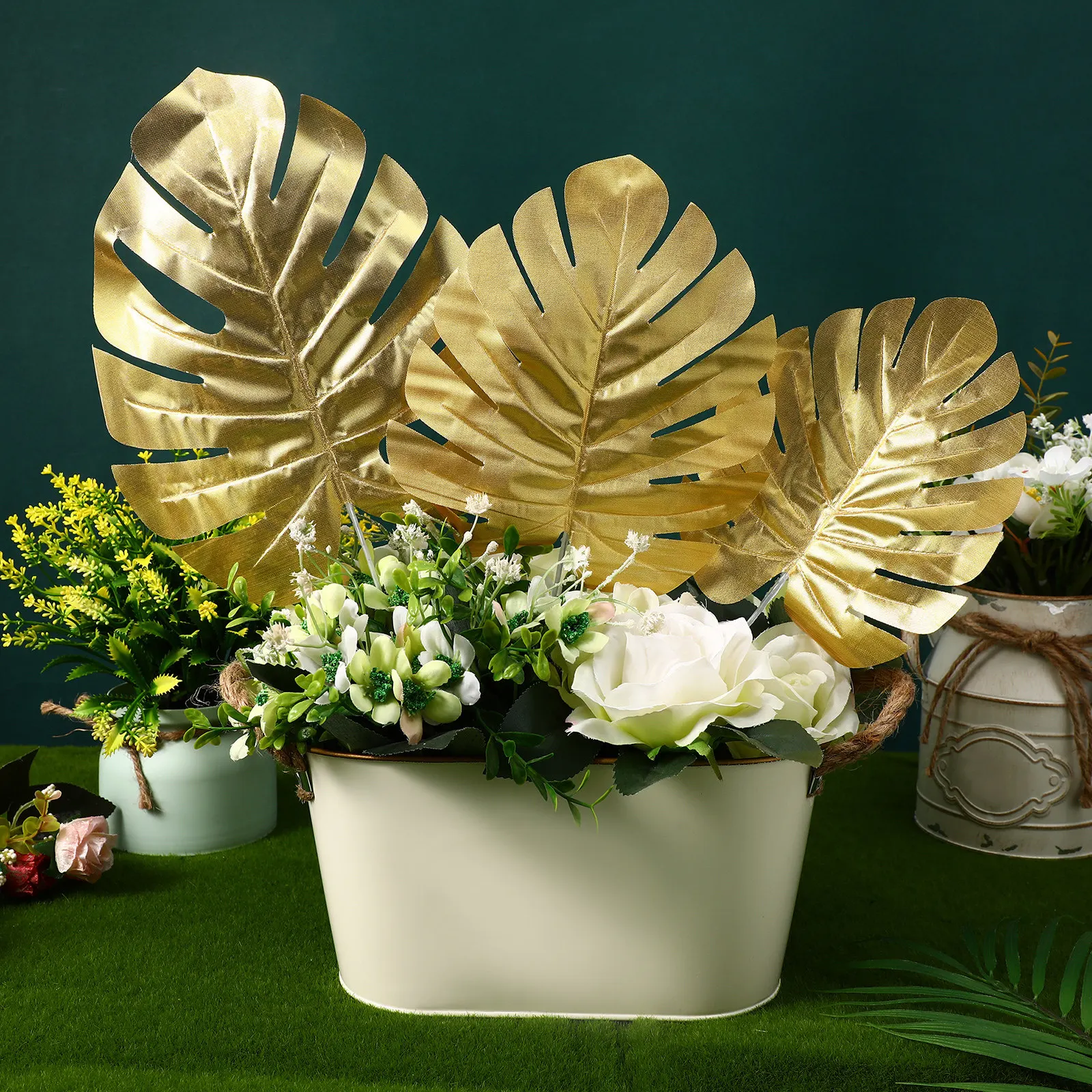 15Pcs High-Quality Cloth Golden Simulation Leaves Monstera Foliage for Vase Arrangements Wedding Decor Garden Party Styling