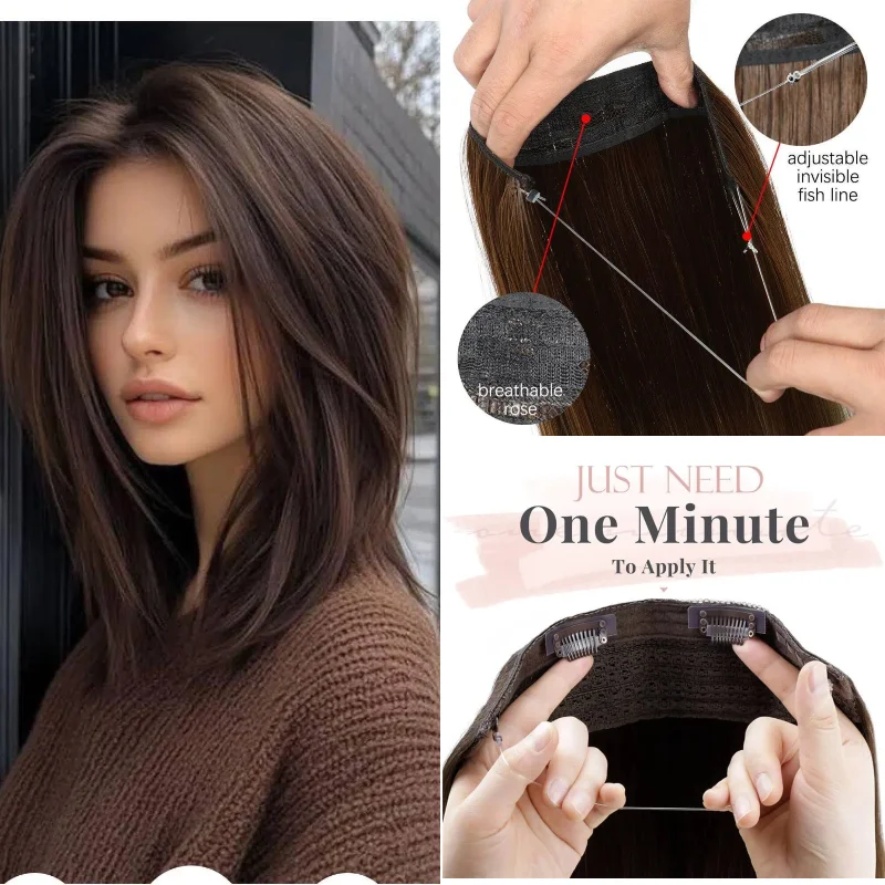 

Наращивание волос One Piece Fish Line Extensions, 100% натуральные волосы, 12-26 дюймов # 4 средства для придания волосам объема без повреждений