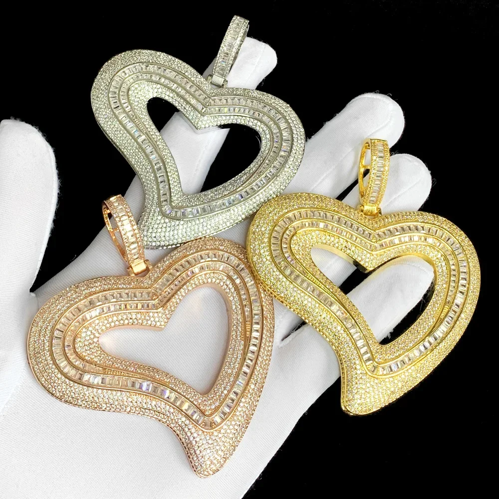 

Iced Out Bling 5A CZ большое полое сердце кулон ожерелье микро-паве кубический цирконий теннисная цепочка хип-хоп женщины мужчины ювелирные изделия