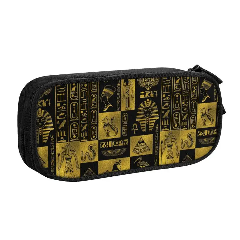 Custom Retro Egyptian Gold Hieroglyphs Symbols Collage Kawaii Pencil Cases Large Capacity Egypt Hieroglyphic Pencil Box School