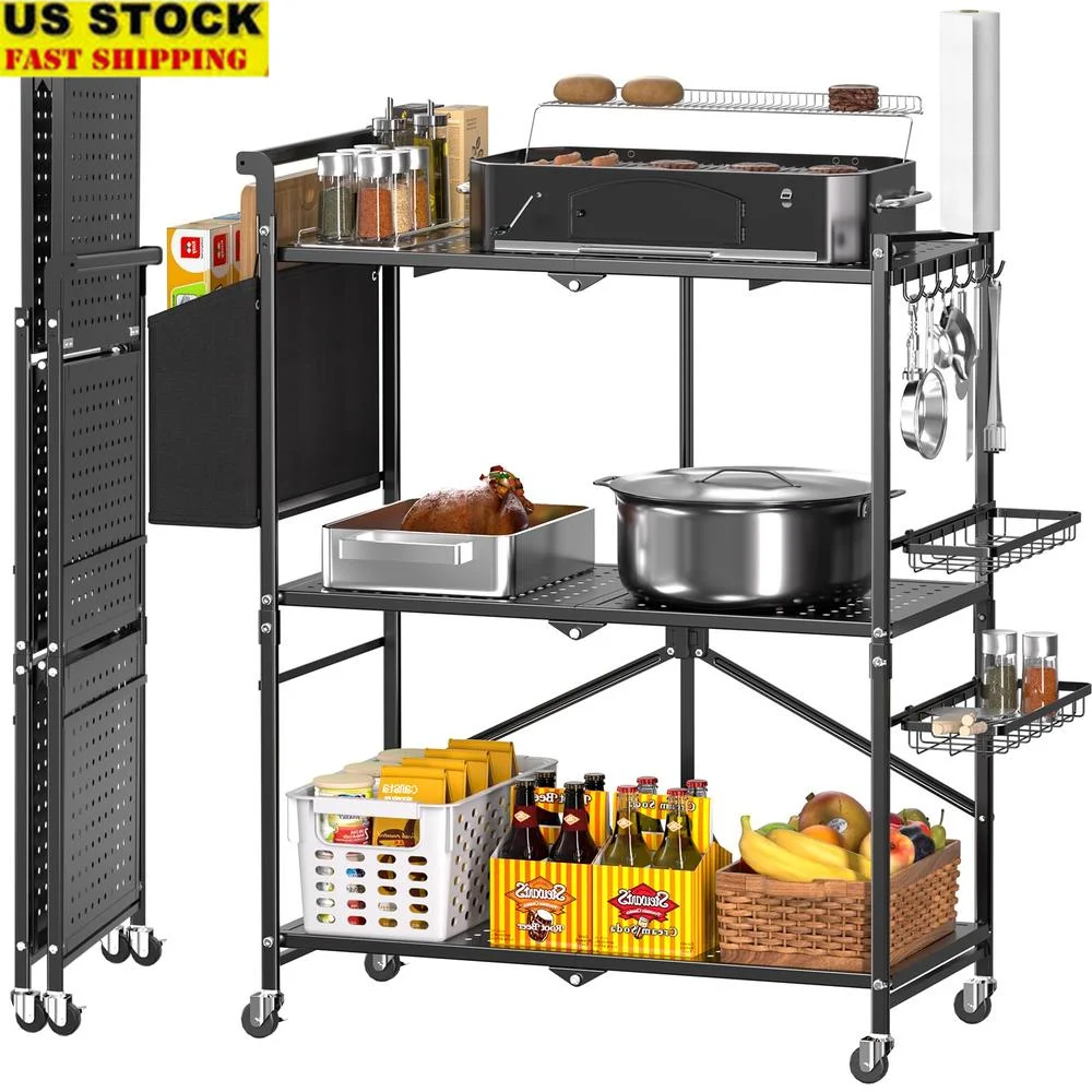 3-Tier Rolling Kitchen Cart with Baskets & Hooks Foldable Microwave Stand & Grill Cart with Wheels Outdoor & Indoor Storage Rack