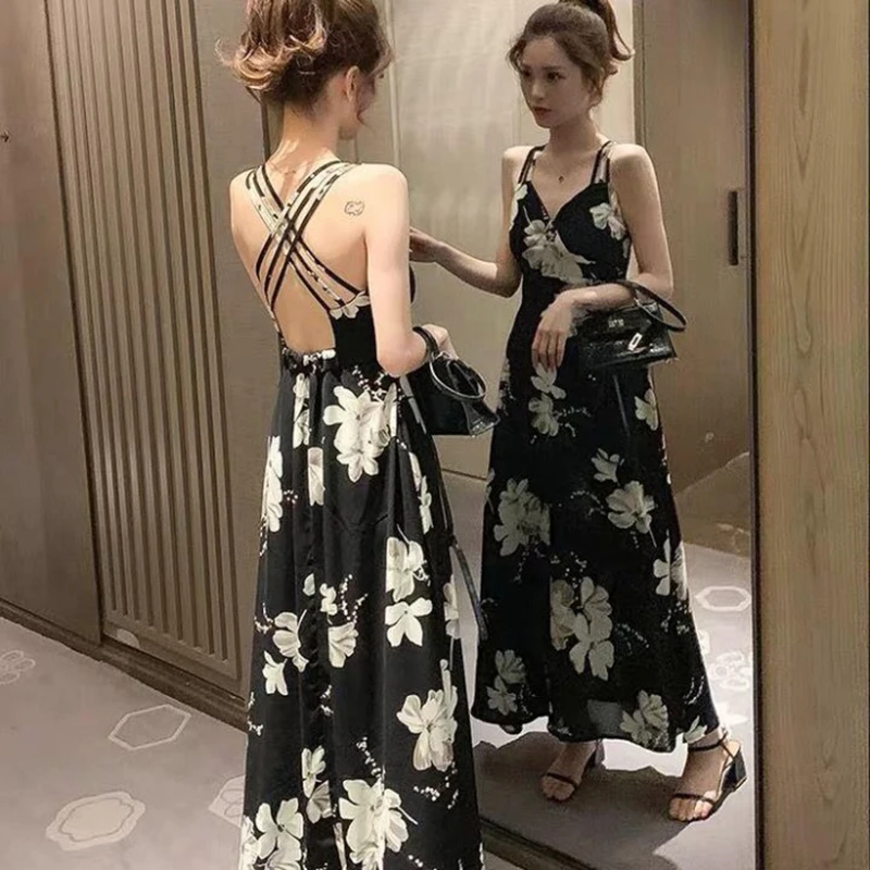 

Women's Floral Sling Dress 2024 New Summer Seaside Holiday Dresses Female Fashion Slim Fit Backless Sexy Party Long Dresses