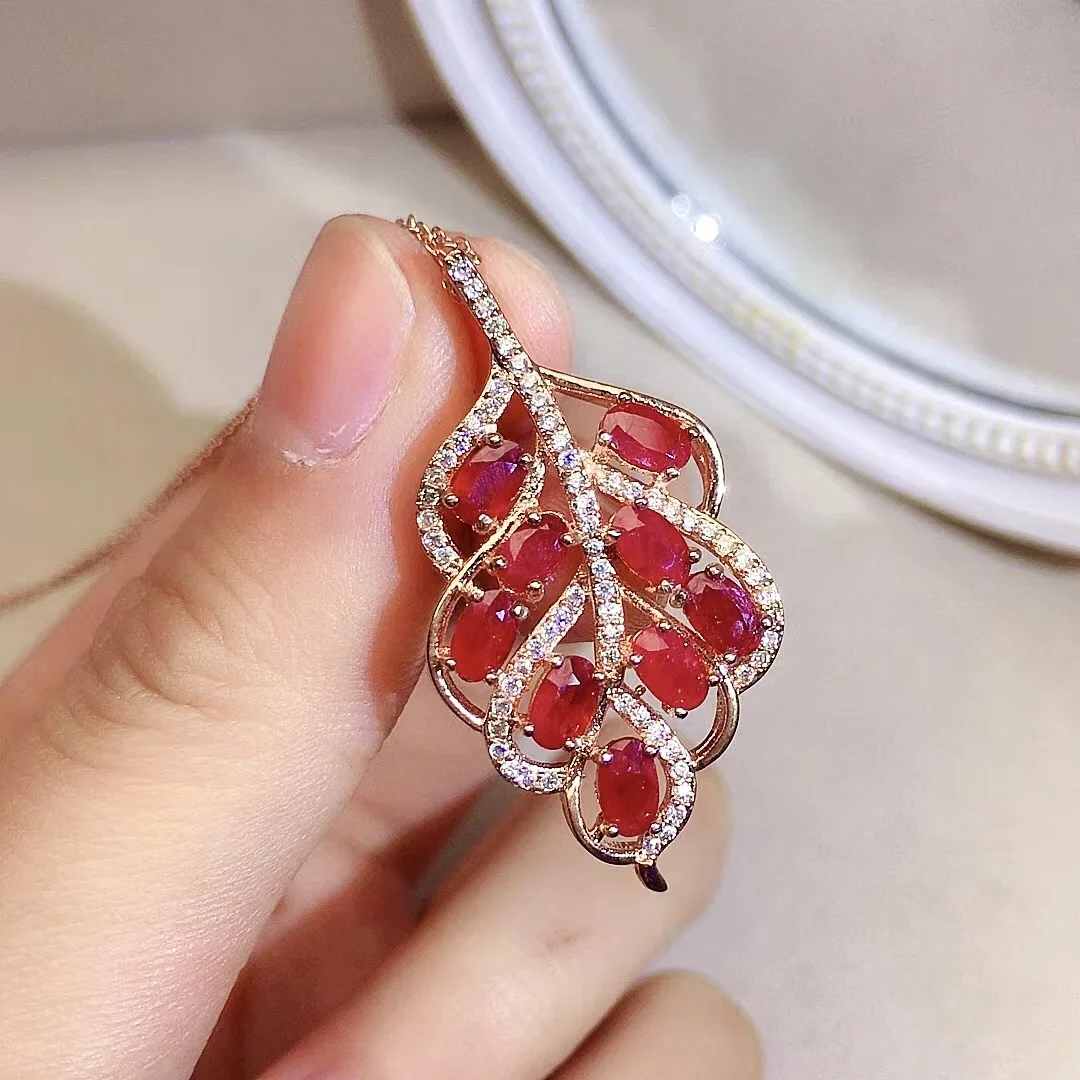 Classic 925 Silver Ruby Pendant for Party Total 1.8ct 3mm*5mm  Natural Rbuy Necklace Pendant with 3 Layers 18K Gold Plating