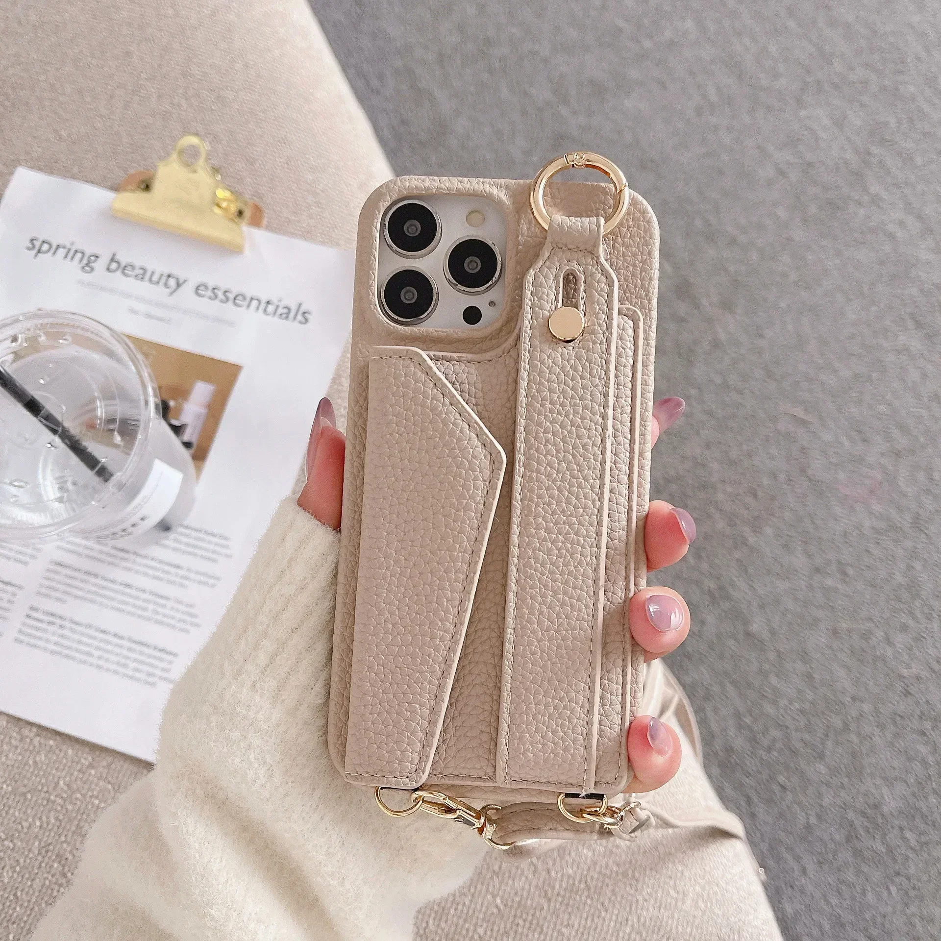 Ring-Crossbody-Handgelenkriemen-Brieftaschen-Lederhülle für iPhone 17 16 15 14 13 12 11 Pro Max Handyhülle mit Kartenfach und Lanyard – Detail 21