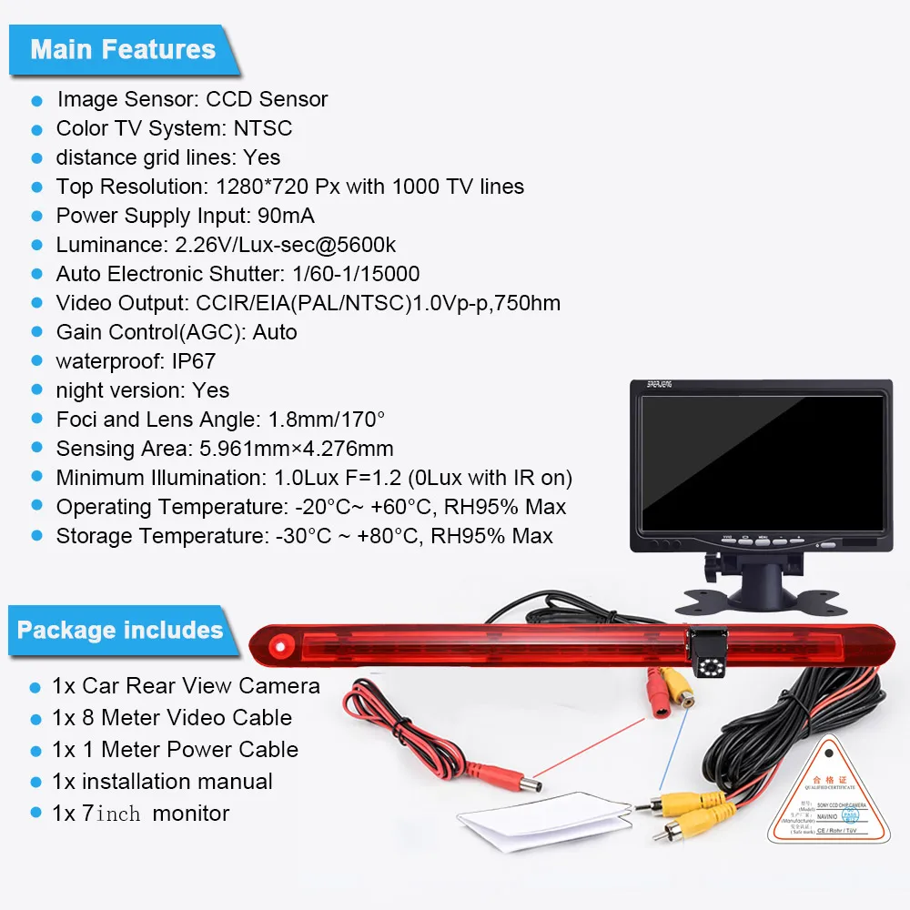 Car rear view camera +7” monitor for Mercedes Benz Vito W447 Kasten Tourer V260 Mixto  2014 dritte Bremsmitte Bremsleuchte