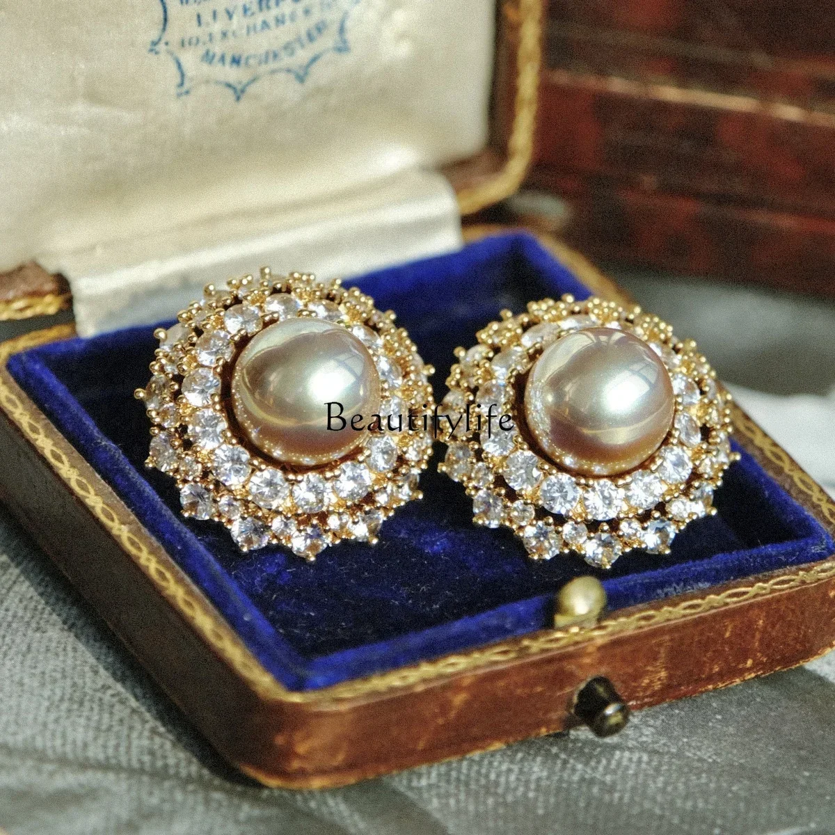 Cream gold bead earrings full of zircon gorgeous court style ear clips