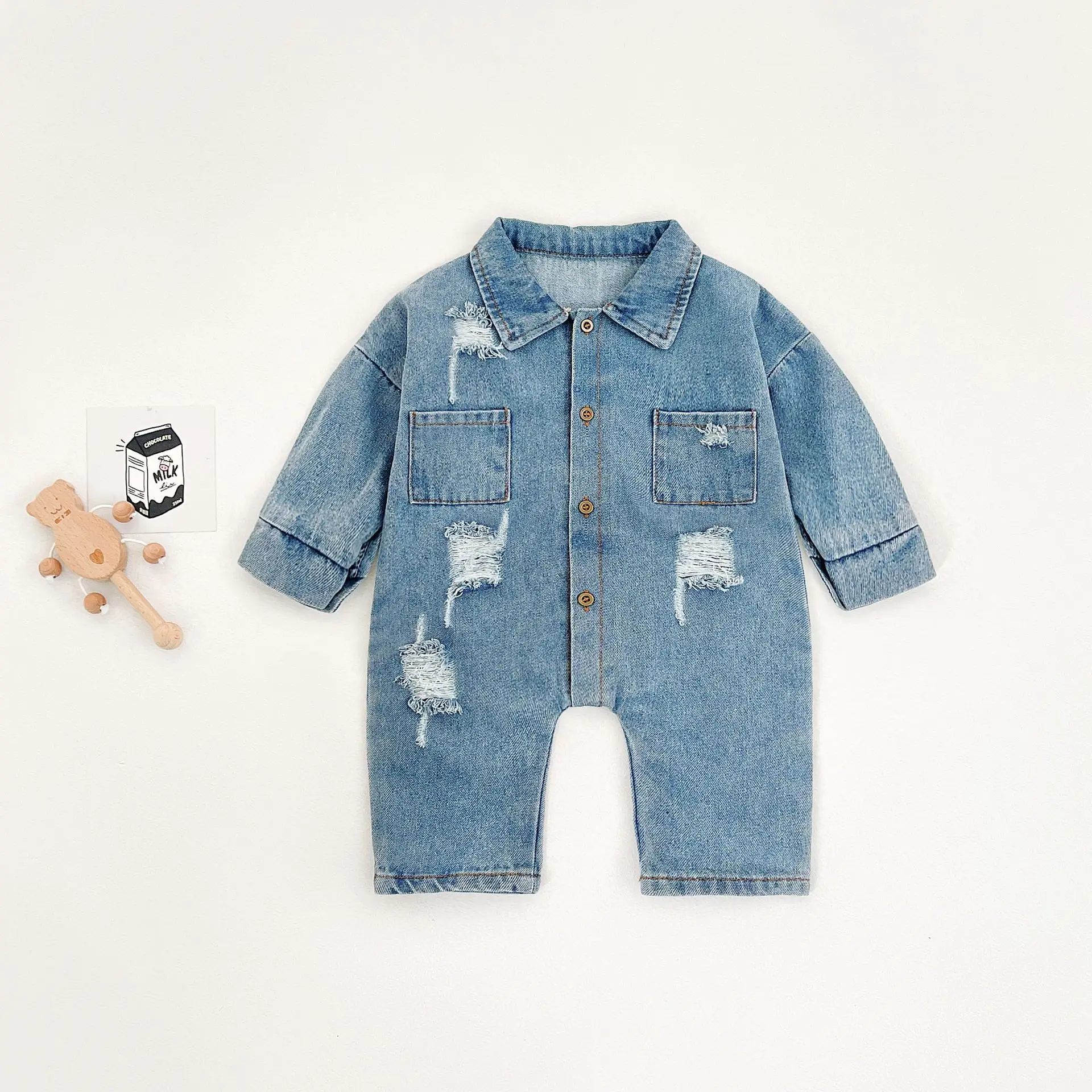 

1-3T Ins Baby Ins Denim Onesie Boy Girls Spring Autumn Children's Clothing Baby Cute Cartoon Long-sleeved Ripped Crawl Clothes