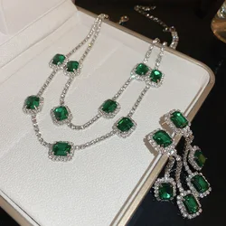 Luxury Green Square Crystal Necklace Earrings for Women Dark Blue Water Drop Earrings Wedding Bride Jewelry Sets