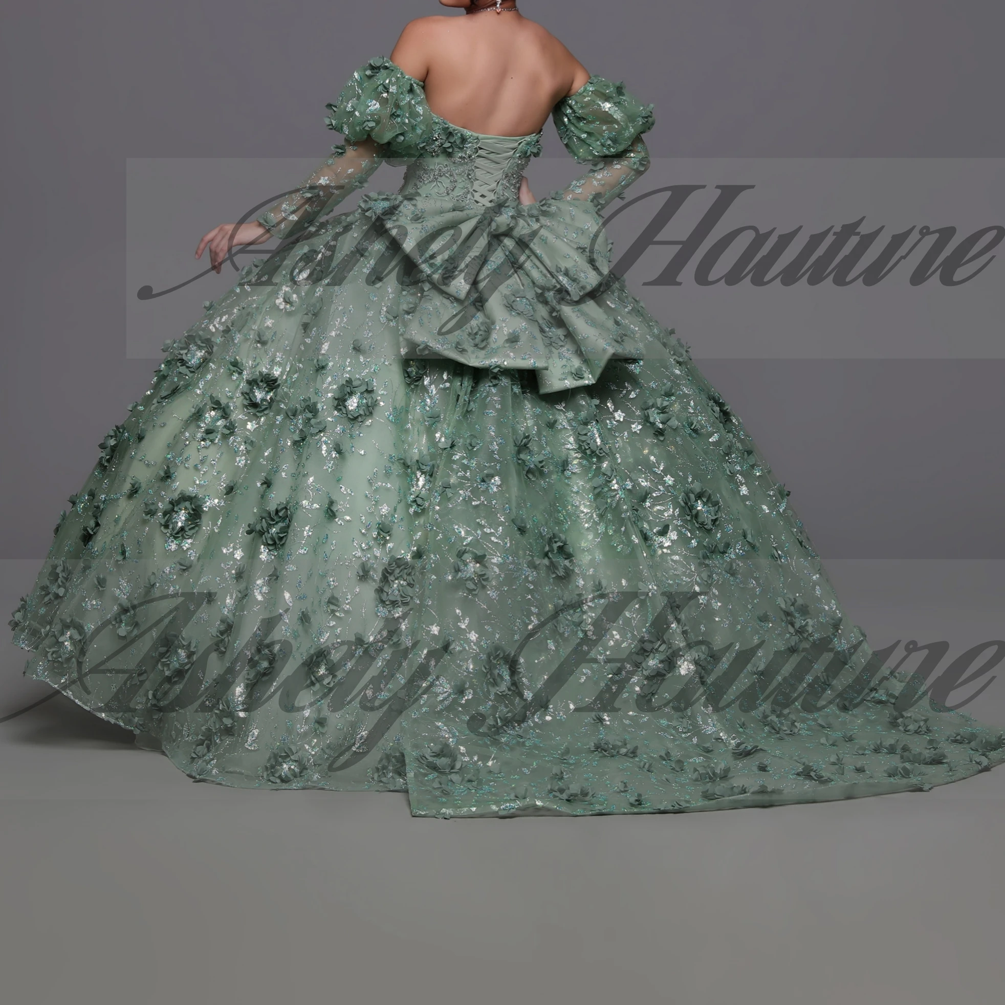 Maßgeschneidertes mexikanisches lila Damen-Abschlussball-Geburtstagsparty-Kleid mit Ärmel-Schleife, 3D-Blume, bauschiger Rock, süßes 15-/16-Mädchen-Quinceanera 14