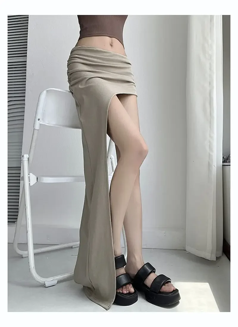 

Новая американская облегающая летняя длинная юбка для девочек с высокой талией 2024, плиссированная утягивающая юбка с нерегулярным разрезом