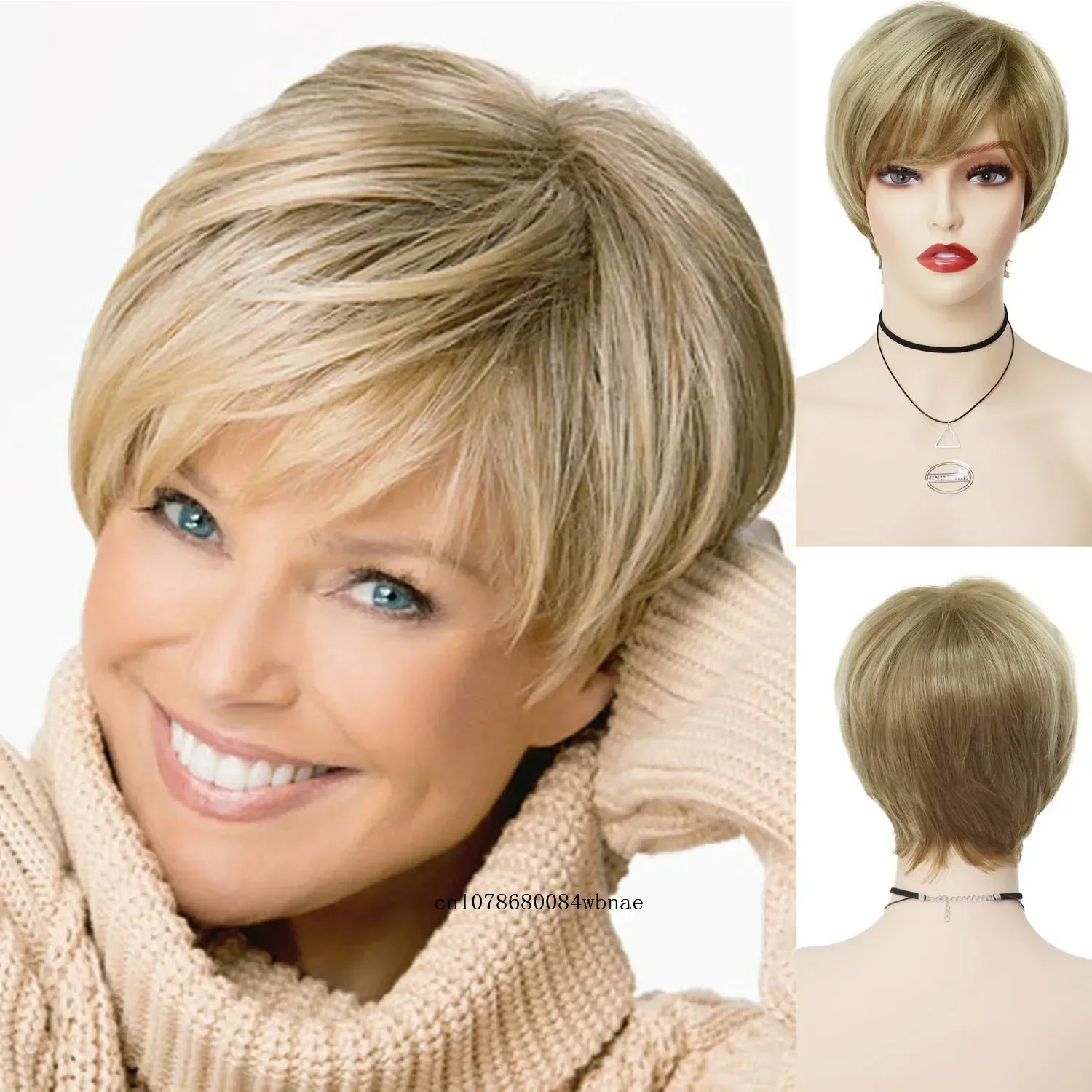 

Synthetic Blonde Color Wig for Women Lady Short Pixie Cut Style Natural Mommy Wigs with Bangs Heat Resistant Daily Party Costume