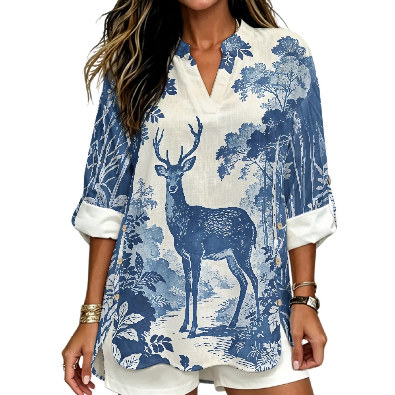PENSTROLL Blue Forest Deer Art Linen-Like Women's V Neck Tops Loose Blouse for Early Fall Sizes S-5XL