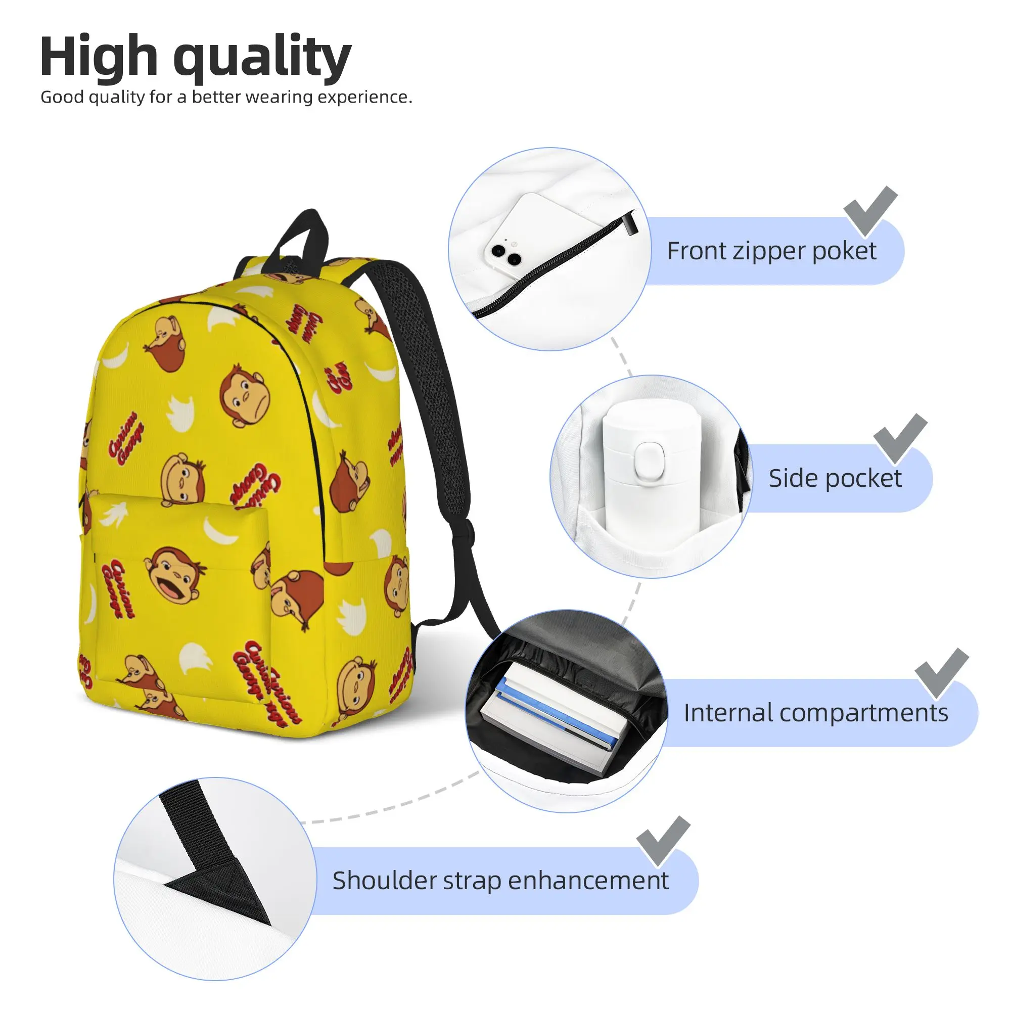 Curious George Monkey Cartoon Fashion Backpack Outdoor High School Business TV Series Daypack for Men Women Laptop Canvas Bags