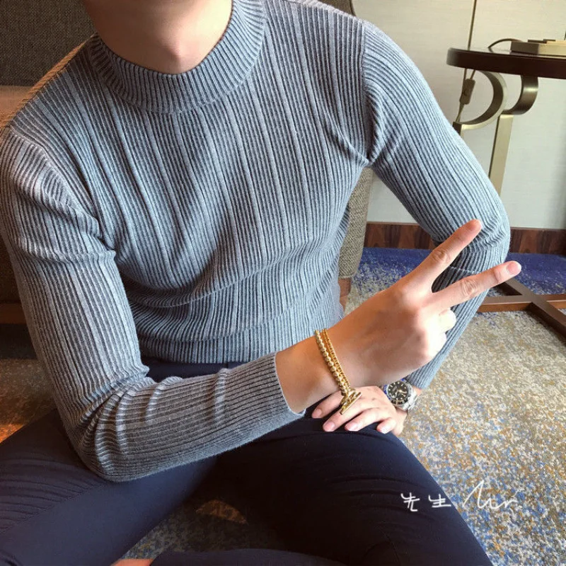 

Korean Style British Style Autumn Winter New Style Half Turtleneck Sweater Men Fashion Slim Fit Knit Striped Base Shirt